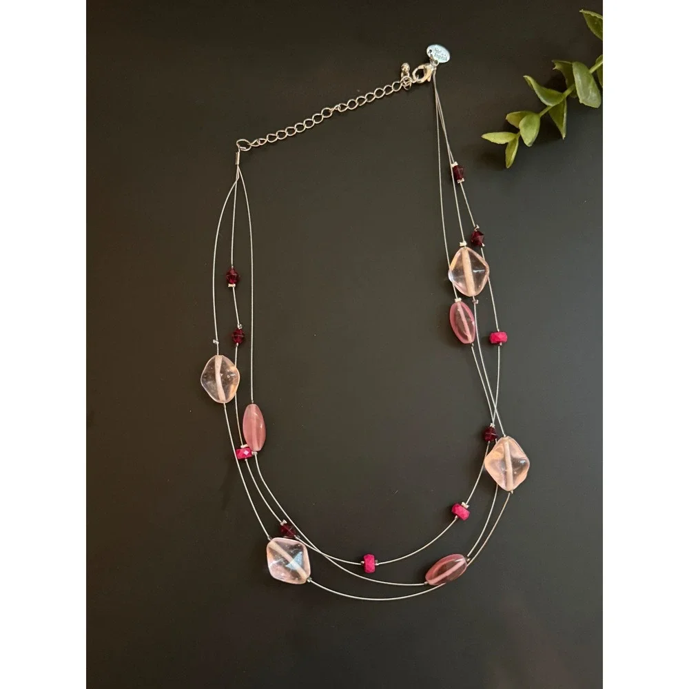 Lia Sophia Pink Burgundy Triple Strand Illusion Necklace Silver Tone 16-19 Inch